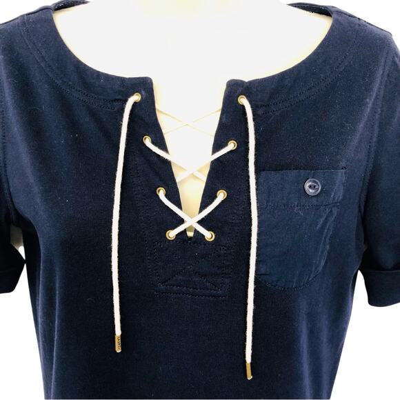 Ralph Lauren Jeans Co Navy Knit Shift Dress Lace Up V Neck Short Tab Sleeves - Picture 3 of 16
